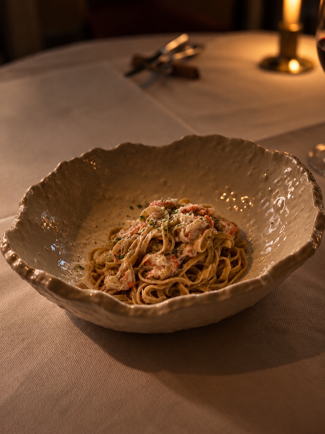 Handmade pasta with red snow crab from Sado